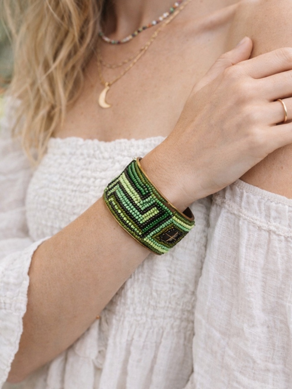 Green Beaded Cuff Bracelet | Boho Festival Statement Jewelry Artisan Style Wide